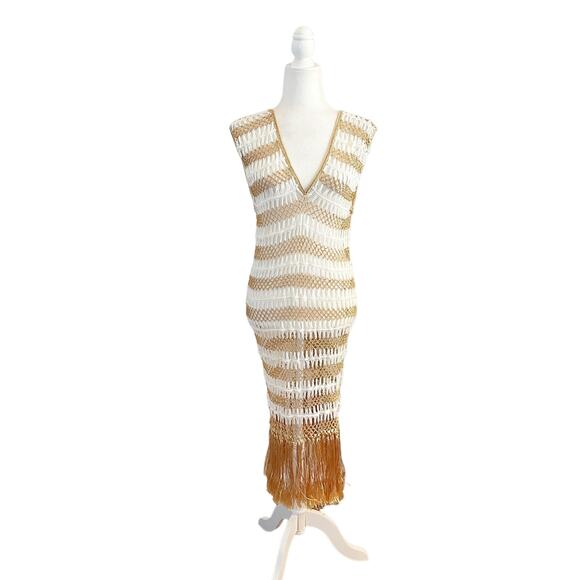 My Beachy Side Crochet Midi Cover Up Dress Medium White Gold NWT